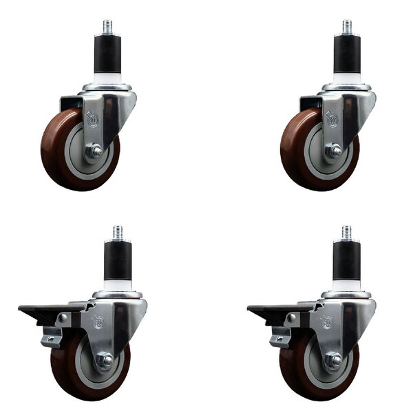 Service Caster 3.5'' Maroon Poly Wheel Swivel 1-1/2'' Expanding Stem Caster Set 2 Brakes, 4PK SCC-EX20S3514-PPUB-MRN-2-PLB-2-112 - main